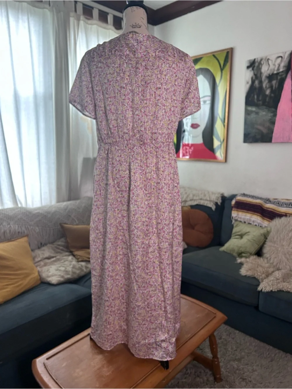 J. Crew Pink Floral Midi Dress with V-Neck